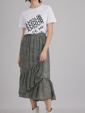 Anthropologie Sunoco Felicite Black & White Printed Ruffle Wrap Midi Skirt